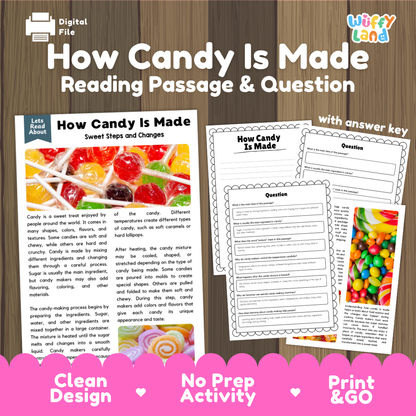 How Candy Is Made reading comprehension passage and questions activity pack with full answer key for students