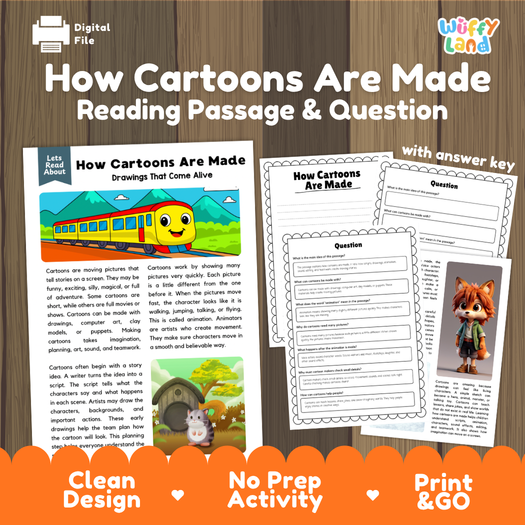 How Cartoons Are Made reading comprehension passage and questions printable activity pack with answer key for elementary students
