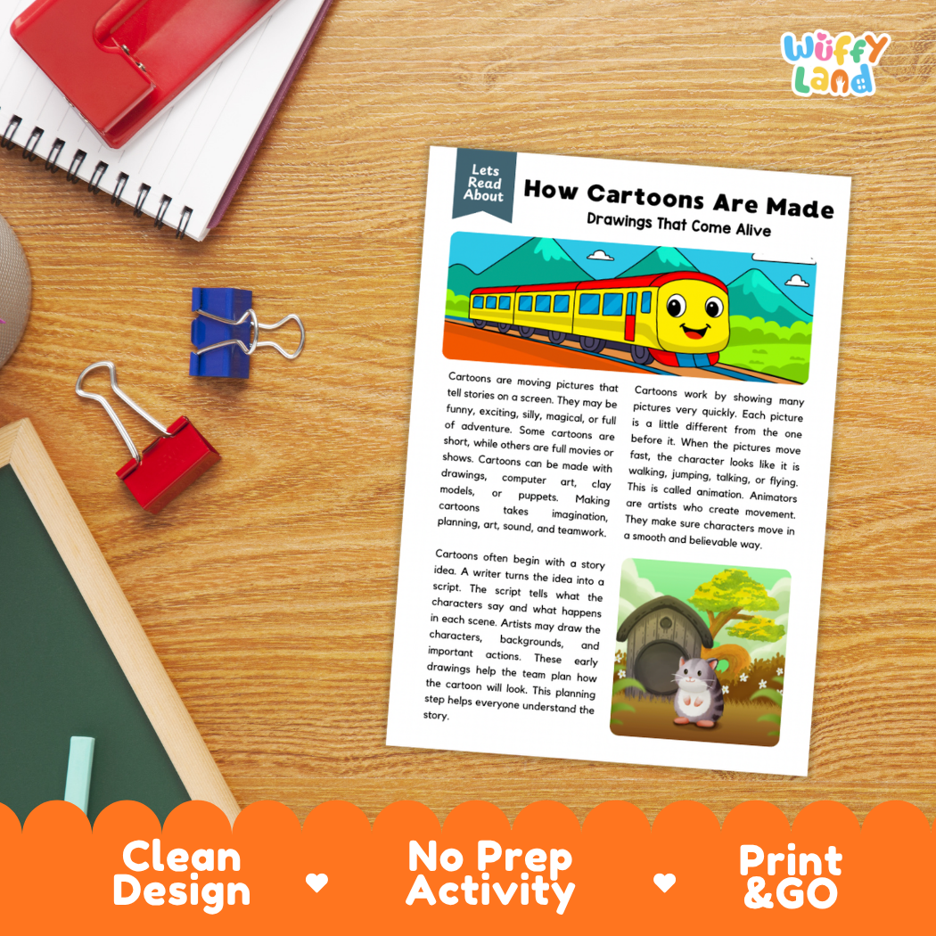 Student reading comprehension worksheet with short-answer questions and lined sections about how cartoons and animations are created
