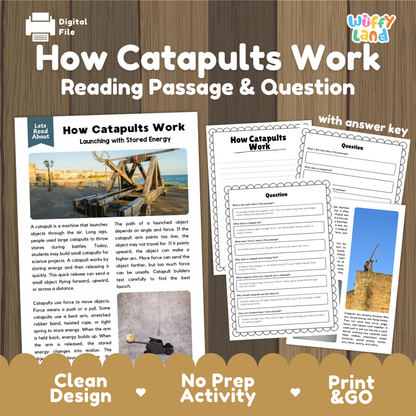 How catapults work reading comprehension passage and questions printable activity pack with answer key for elementary students