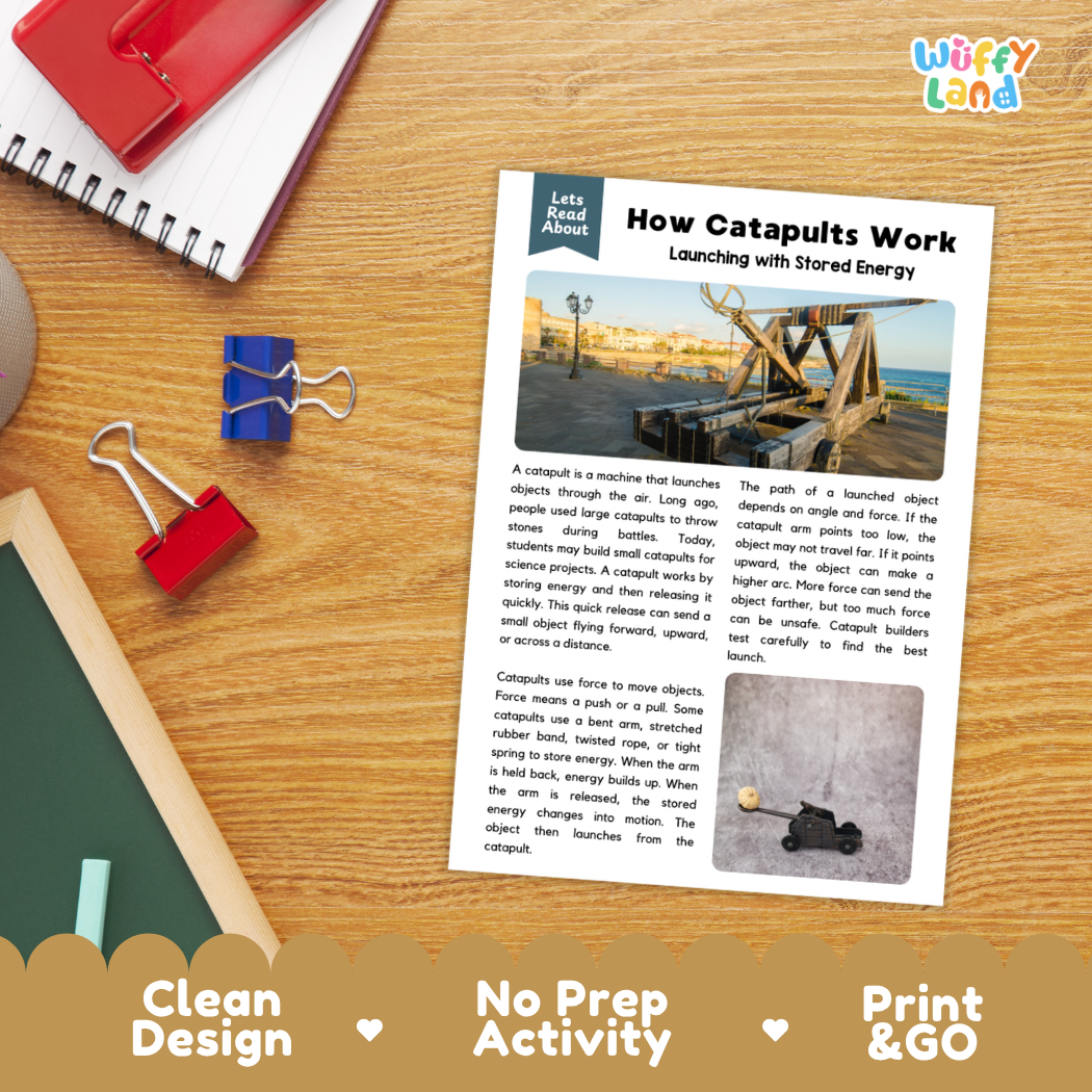 Student reading comprehension worksheet with short-answer questions and lined sections about how catapults work