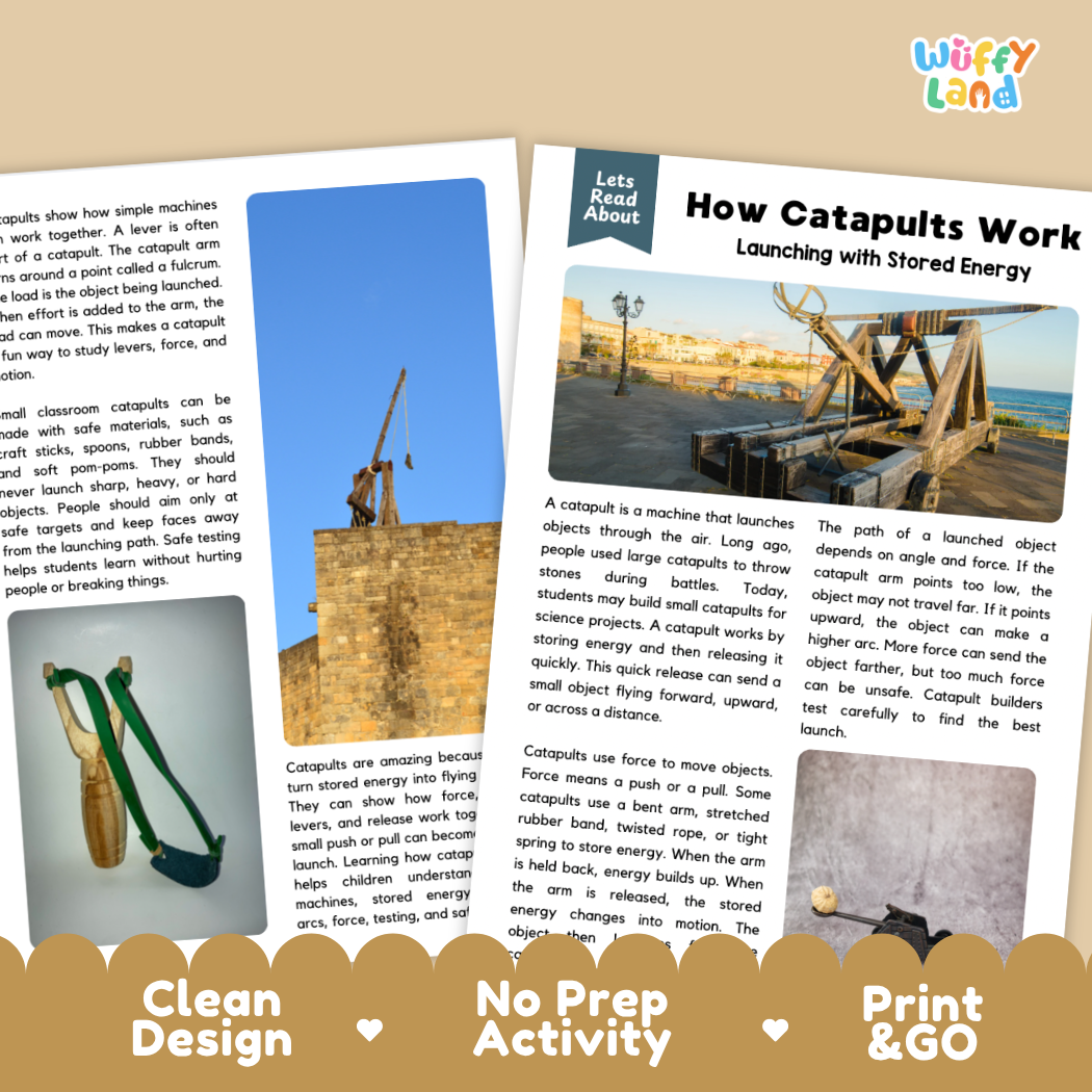 Teacher answer key page showing complete question solutions for How Catapults Work physical science reading comprehension practice