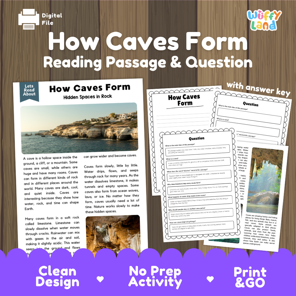 How caves form reading comprehension passage and questions printable activity pack with answer key for elementary students
