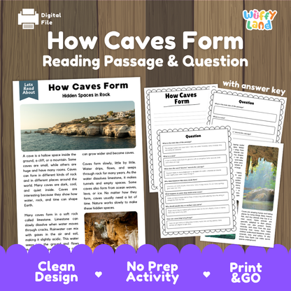 How caves form reading comprehension passage and questions printable activity pack with answer key for elementary students