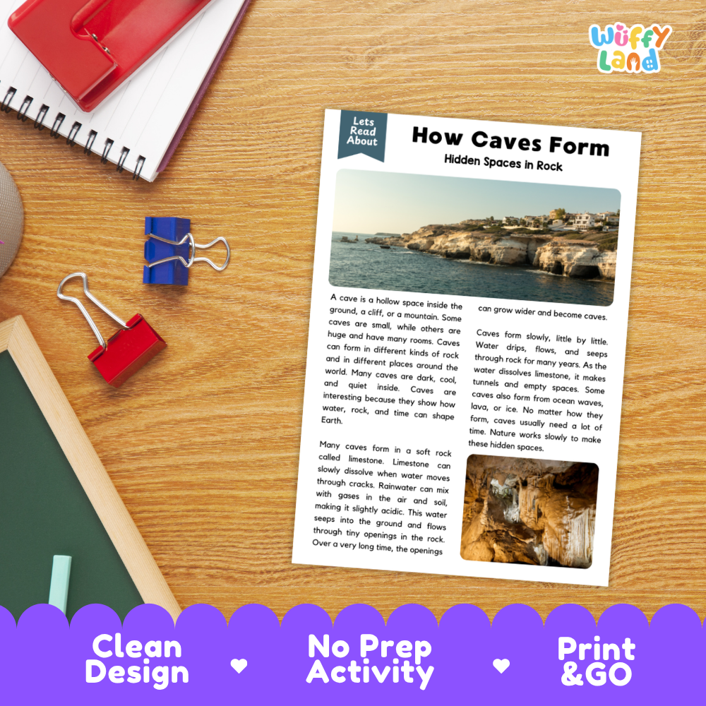 Student reading comprehension worksheet with short-answer questions and lined sections about how caves form
