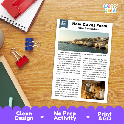 Student reading comprehension worksheet with short-answer questions and lined sections about how caves form