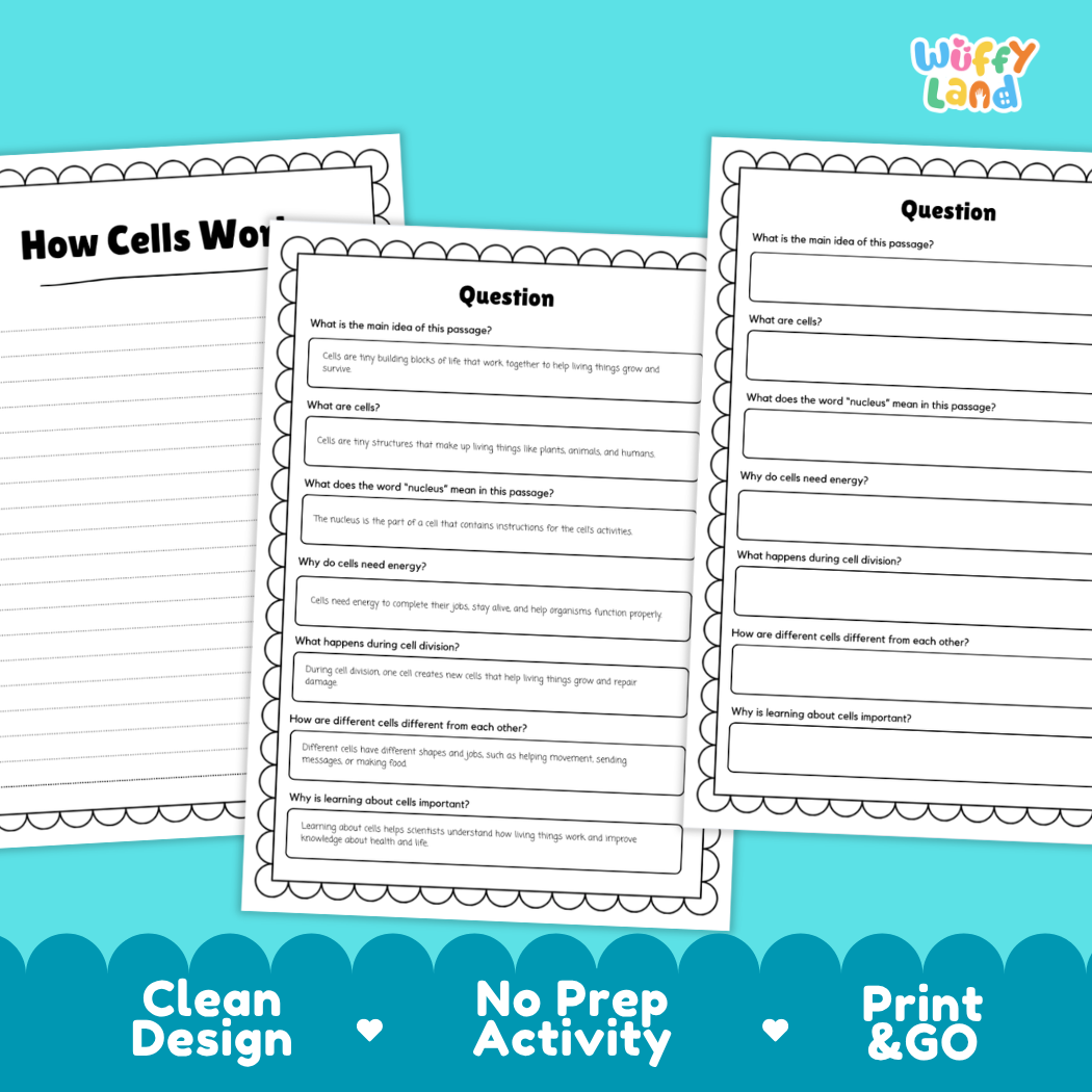Educational reading passage explaining cell structures, membranes, the nucleus, and how cells work