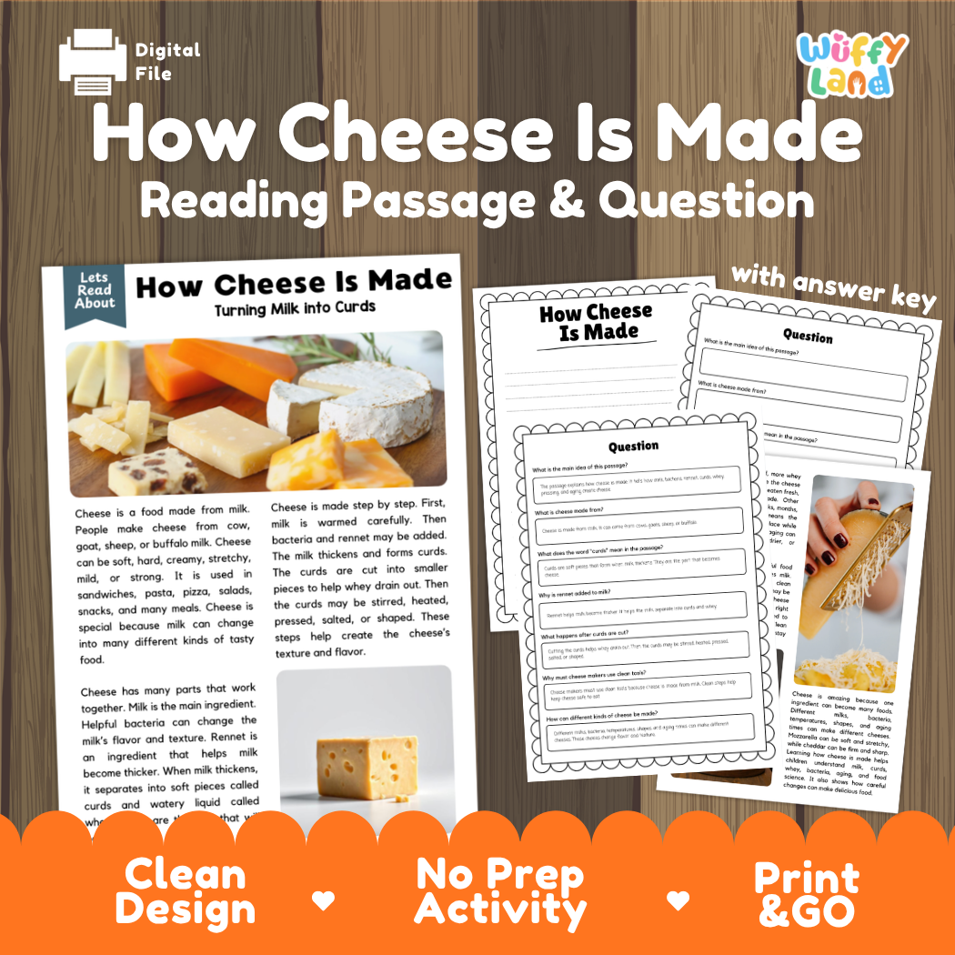 How Cheese Is Made reading comprehension passage and questions printable activity pack with answer key for elementary students