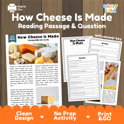 How Cheese Is Made reading comprehension passage and questions printable activity pack with answer key for elementary students
