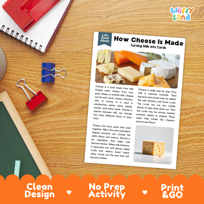 Student reading comprehension worksheet with short-answer questions and lined sections about how cheese is made