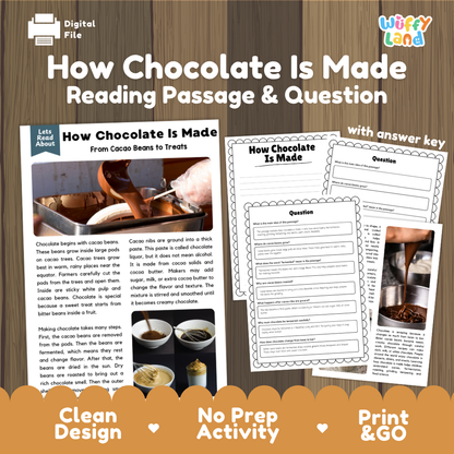 How Chocolate Is Made reading comprehension passage and questions printable activity pack with answer key for elementary students