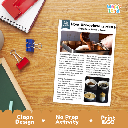 Student reading comprehension worksheet with short-answer questions and lined sections about how cacao beans turn into chocolate