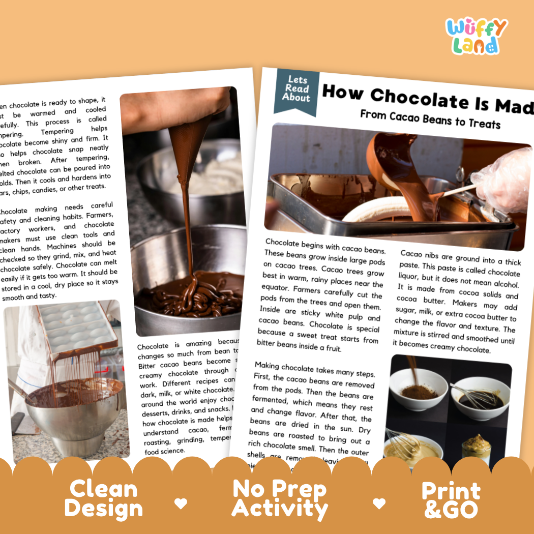 Teacher answer key page showing complete question solutions for chocolate making food science reading comprehension practice