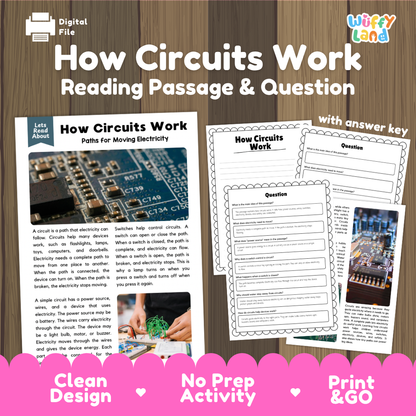 How circuits work reading comprehension passage and questions printable activity pack with answer key for elementary students