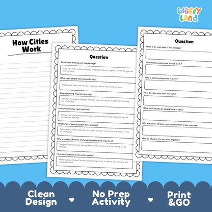 Educational reading passage explaining urban transit, utilities, community services, and how cities work