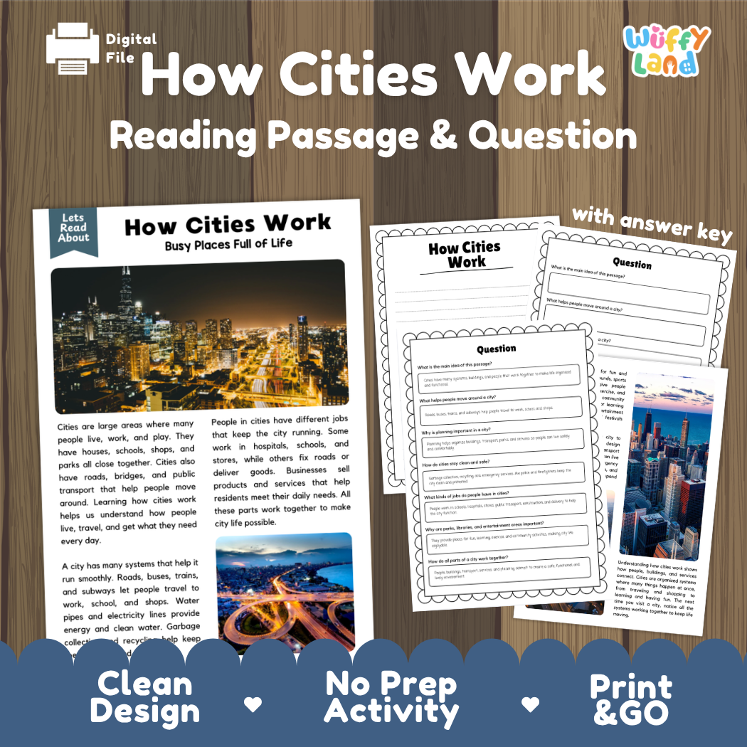 How Cities Work reading comprehension passage and questions activity pack with full answer key for students