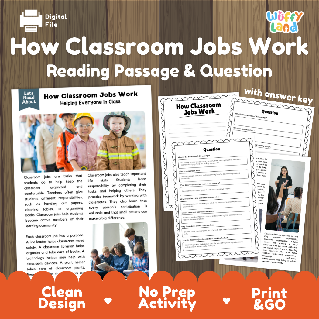 How Classroom Jobs Work reading comprehension passage and questions activity pack with full answer key for students