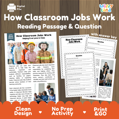 How Classroom Jobs Work reading comprehension passage and questions activity pack with full answer key for students