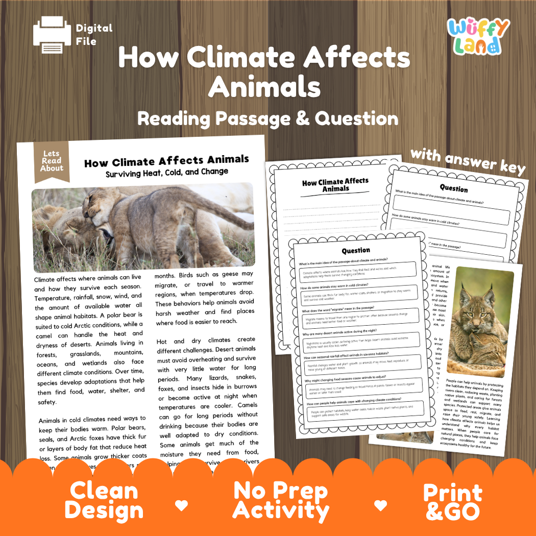 How Climate Affects Animals reading comprehension passage and questions printable activity pack with answer key for elementary students