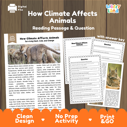 How Climate Affects Animals reading comprehension passage and questions printable activity pack with answer key for elementary students