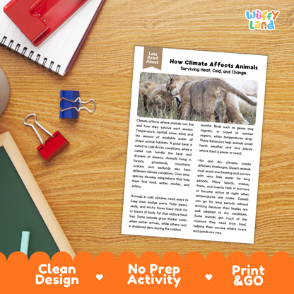 Student reading comprehension worksheet with short-answer questions and lined sections about how climate affects animals