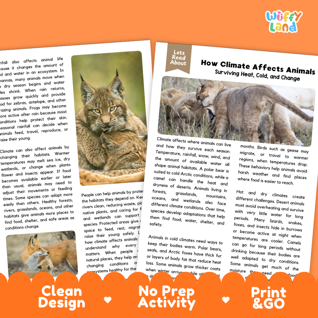 Teacher answer key page showing complete question solutions for How Climate Affects Animals life science and biology reading comprehension practice