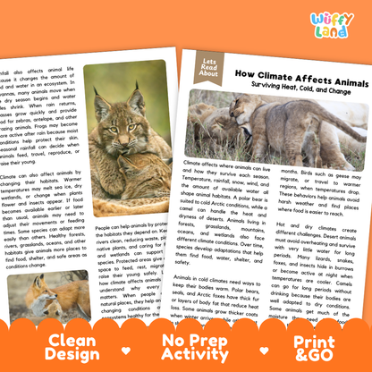 Teacher answer key page showing complete question solutions for How Climate Affects Animals life science and biology reading comprehension practice
