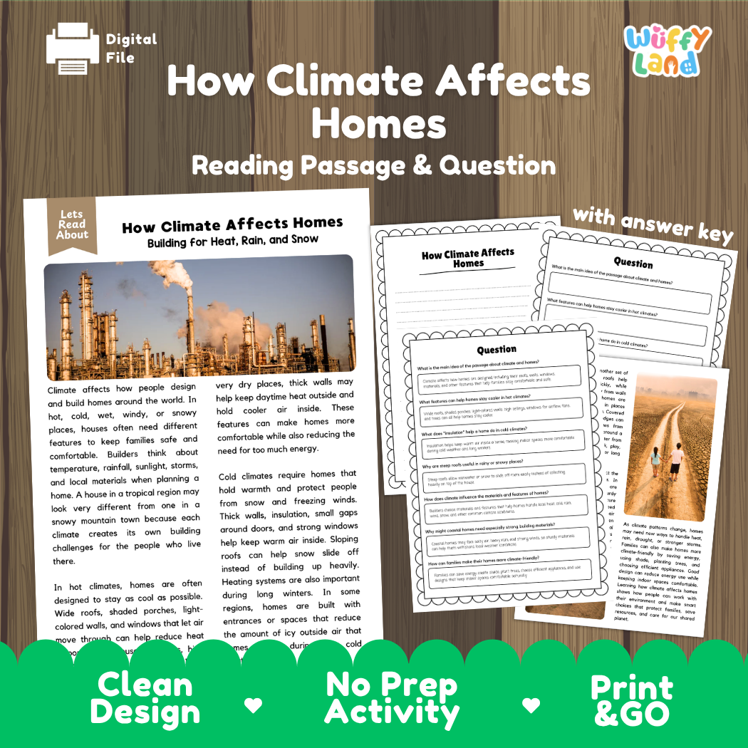 How Climate Affects Homes reading comprehension passage and questions printable activity pack with answer key for elementary students