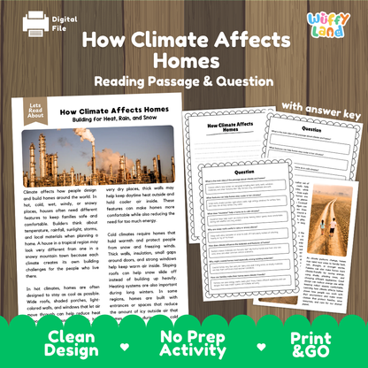 How Climate Affects Homes reading comprehension passage and questions printable activity pack with answer key for elementary students