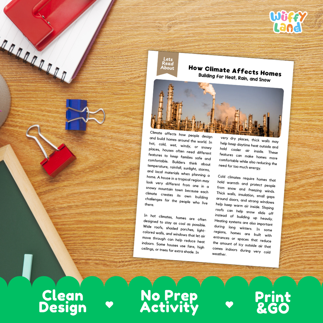Student reading comprehension worksheet with short-answer questions and lined sections about how climate affects houses