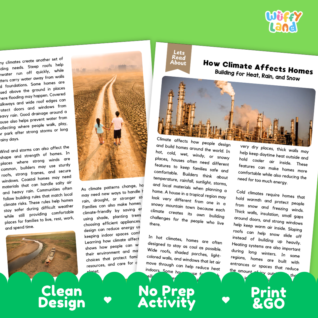 Teacher answer key page showing complete question solutions for How Climate Affects Homes social studies and STEM reading comprehension practice