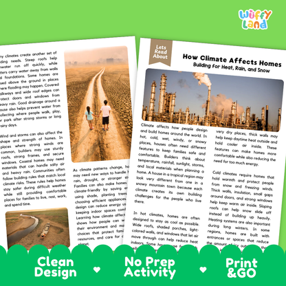 Teacher answer key page showing complete question solutions for How Climate Affects Homes social studies and STEM reading comprehension practice