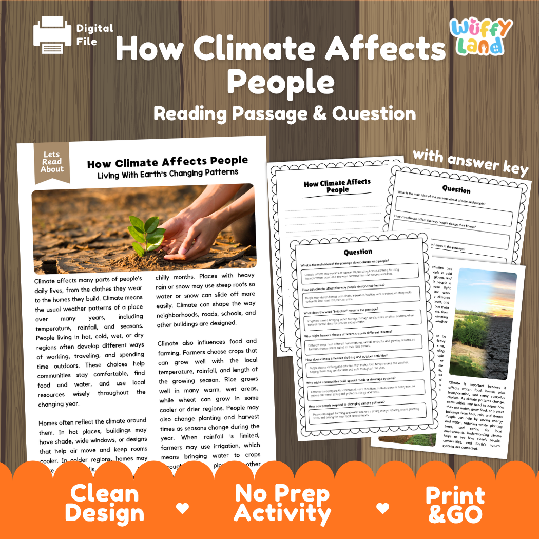 How Climate Affects People reading comprehension passage and questions printable activity pack with answer key for elementary students