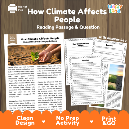 How Climate Affects People reading comprehension passage and questions printable activity pack with answer key for elementary students