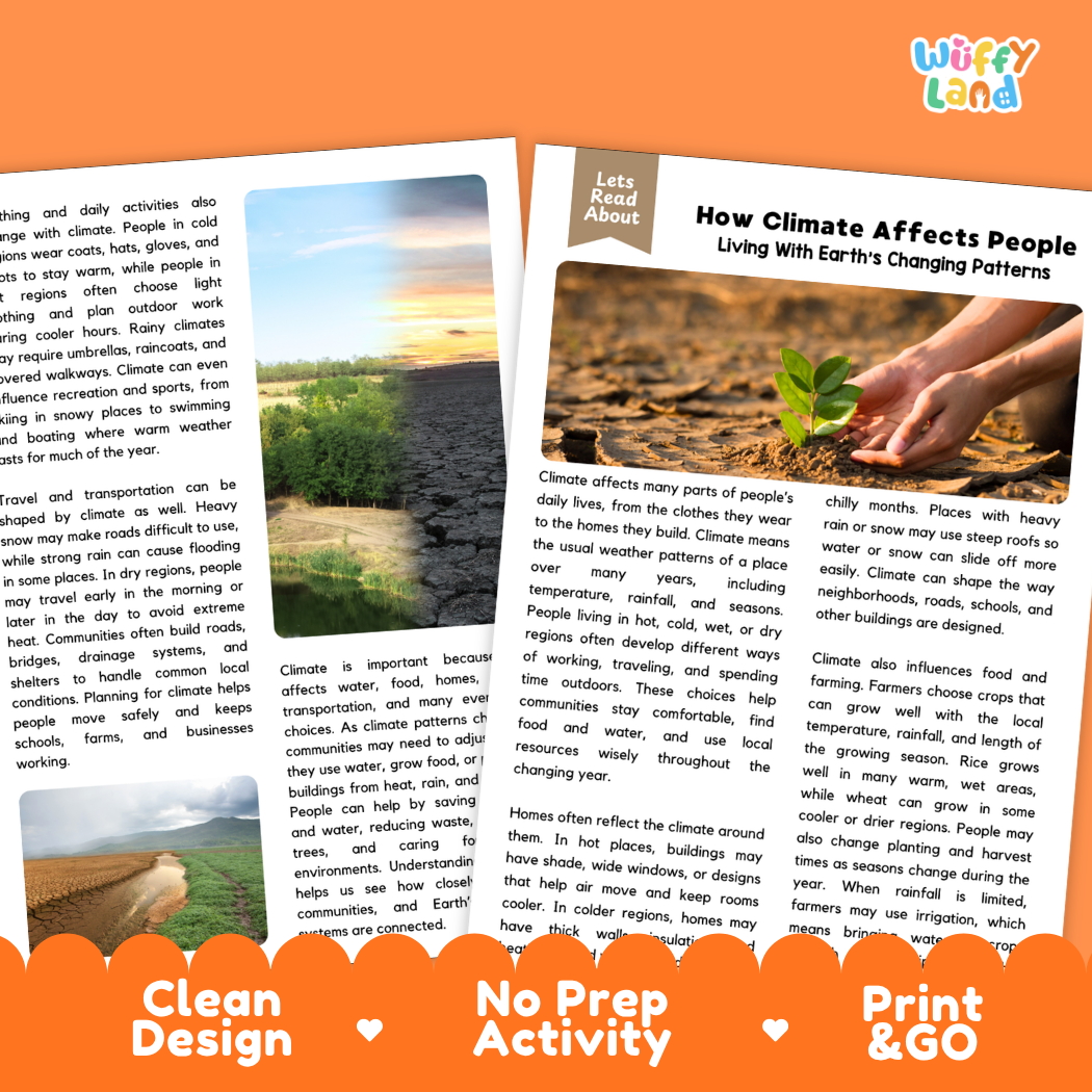 Teacher answer key page showing complete question solutions for How Climate Affects People human geography and science reading comprehension practice
