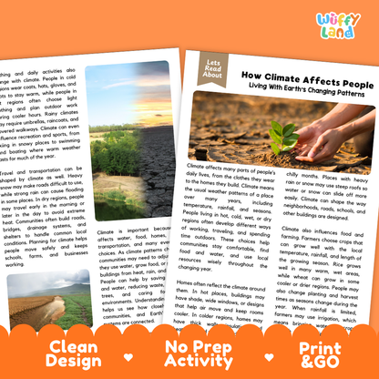 Teacher answer key page showing complete question solutions for How Climate Affects People human geography and science reading comprehension practice