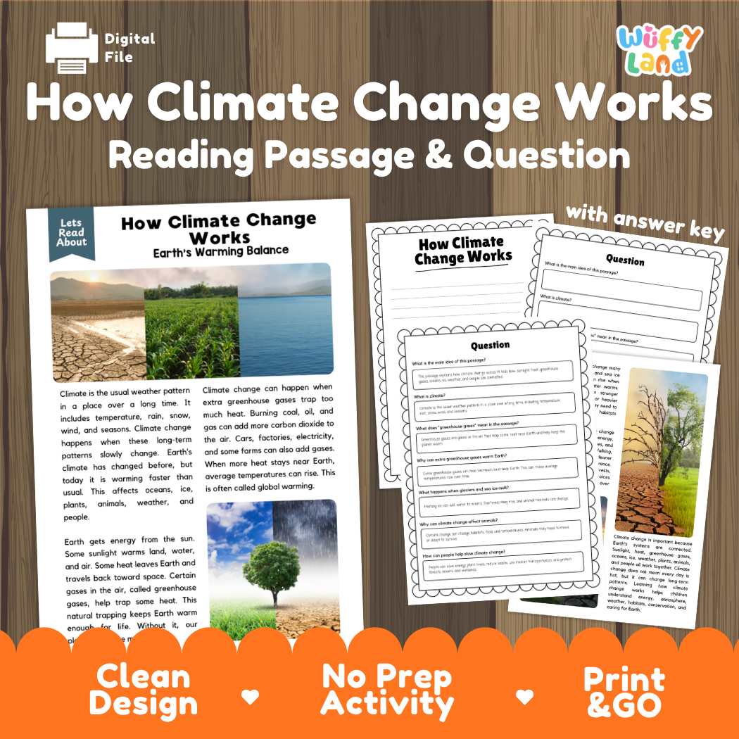 How Climate Change Works reading comprehension passage and questions activity pack with full answer key for students
