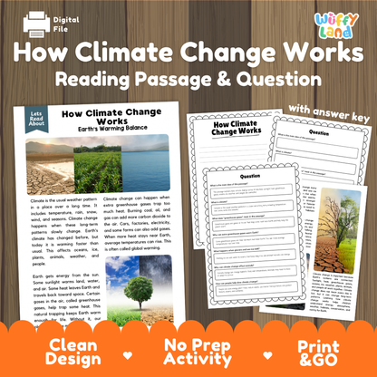How Climate Change Works reading comprehension passage and questions activity pack with full answer key for students