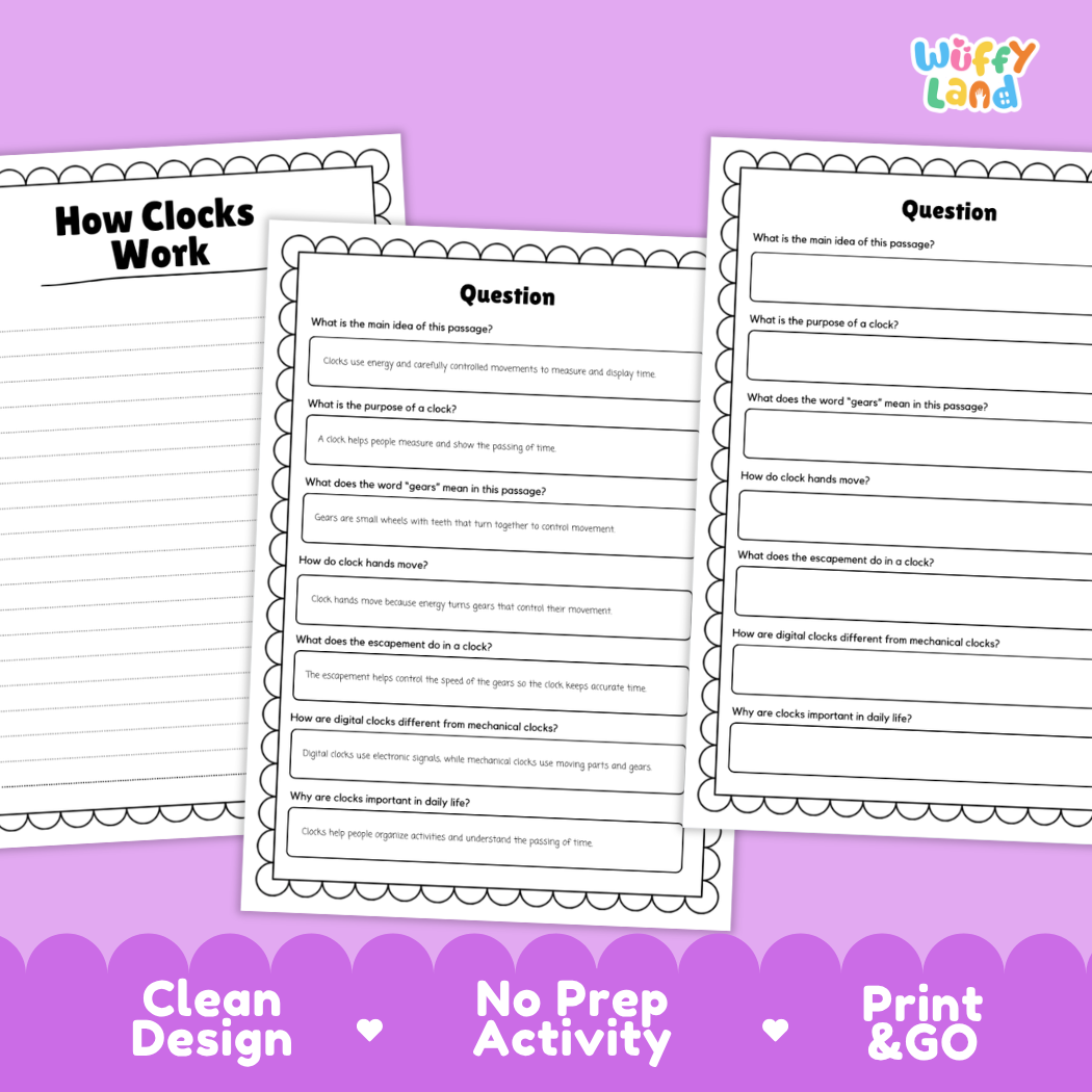 Educational reading passage explaining gears, escapements, time measurement, and how clocks work