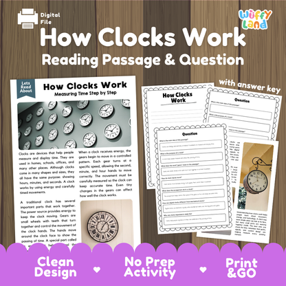How Clocks Work reading comprehension passage and questions activity pack with full answer key for students