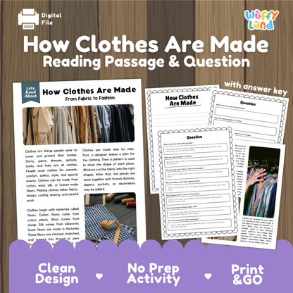 How Clothes Are Made reading comprehension passage and questions printable activity pack with answer key for elementary students