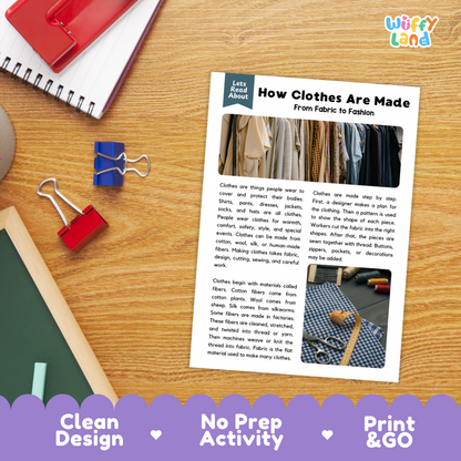 Student reading comprehension worksheet with short-answer questions and lined sections about how clothes are made