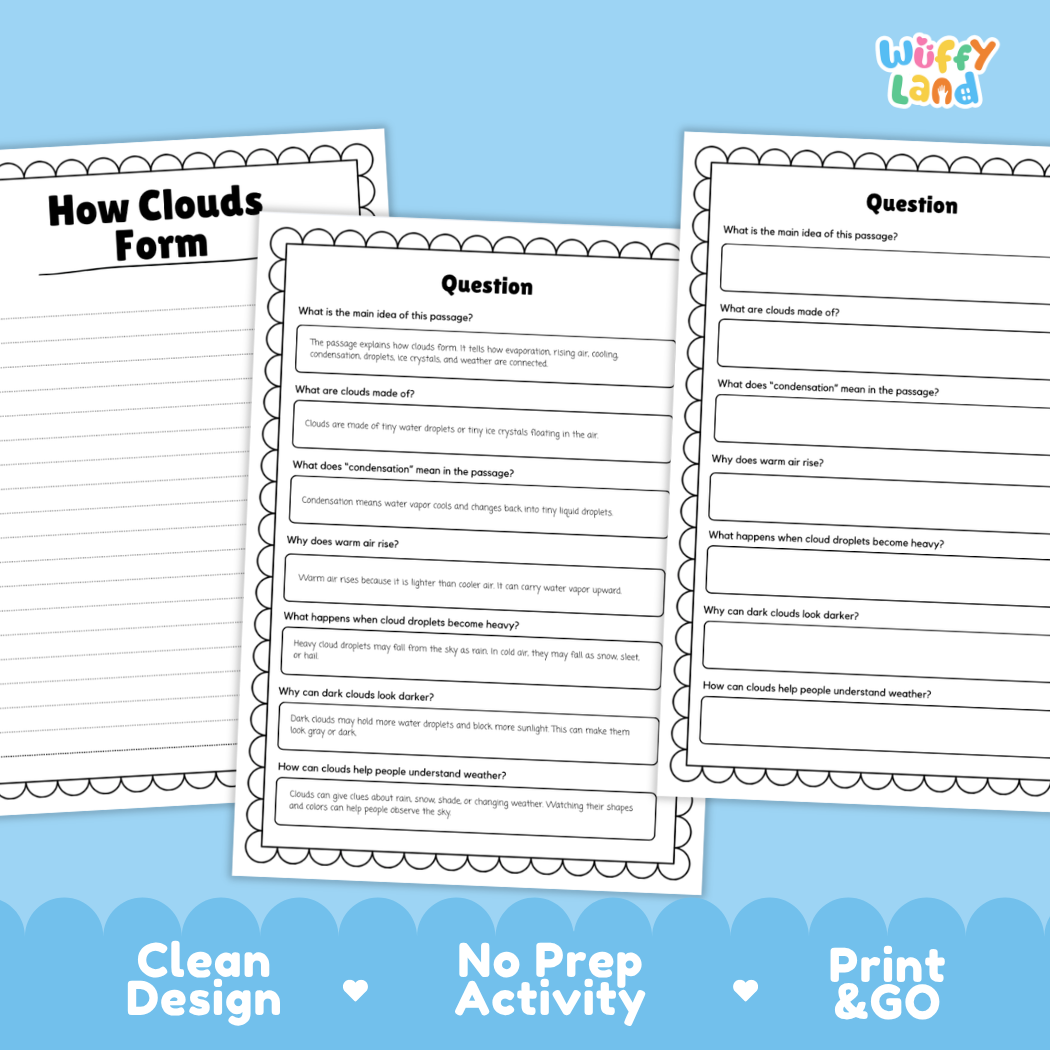 Educational reading passage explaining evaporation, rising warm air, condensation, and how clouds form in the sky