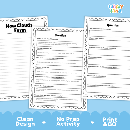 Educational reading passage explaining evaporation, rising warm air, condensation, and how clouds form in the sky
