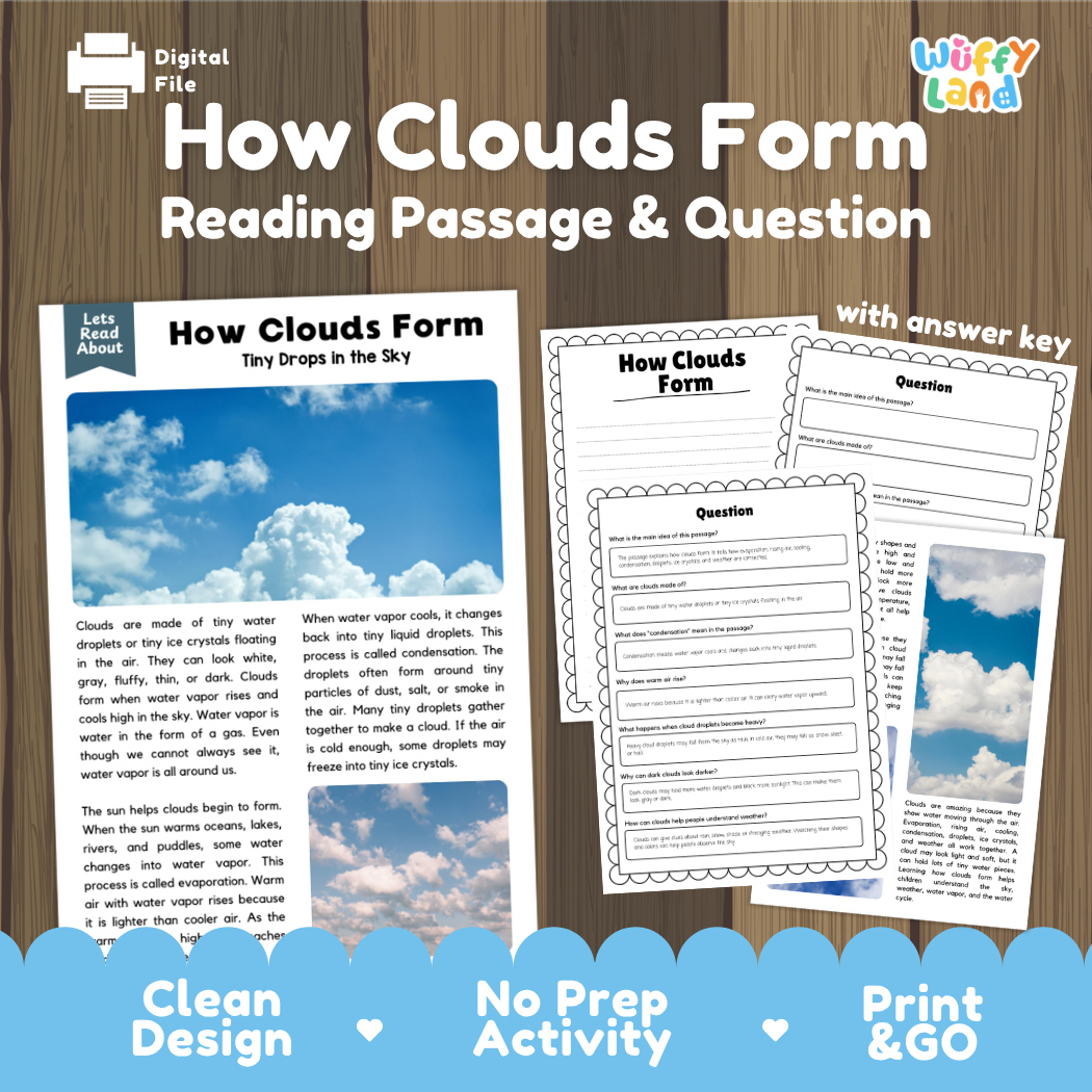 How Clouds Form reading comprehension passage and questions activity pack with full answer key for students