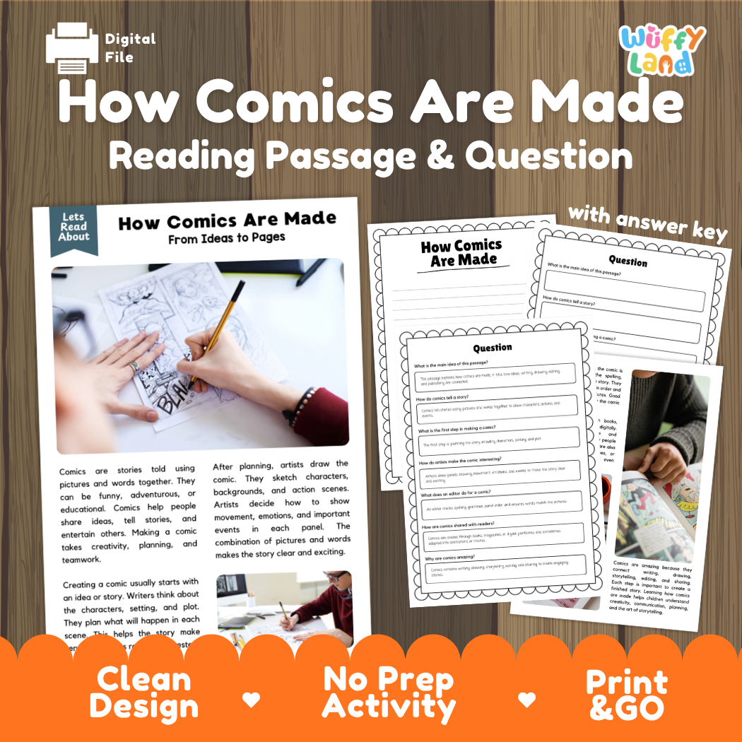 How Comics Are Made reading comprehension passage and questions activity pack with full answer key for students