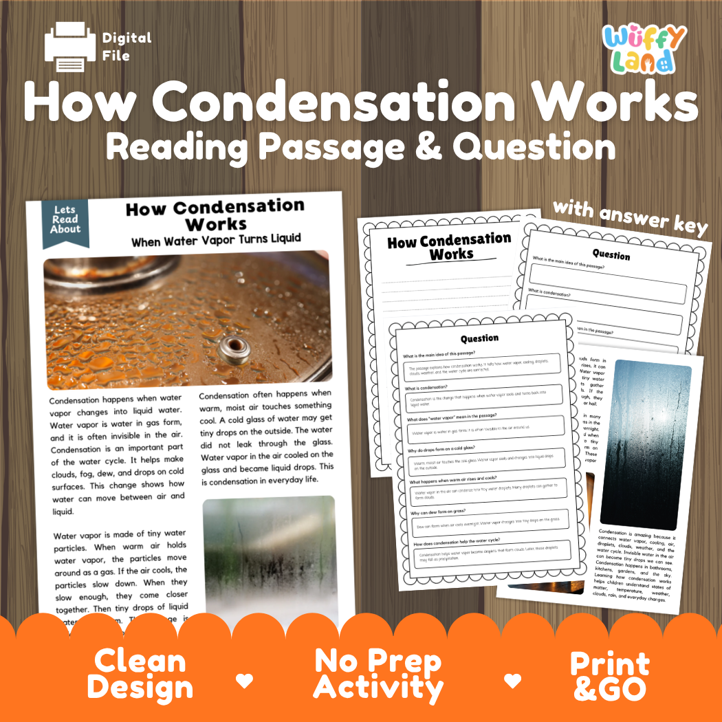 How Condensation Works reading comprehension passage and questions activity pack with full answer key for students