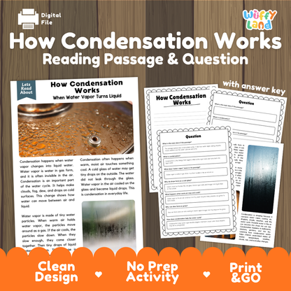 How Condensation Works reading comprehension passage and questions activity pack with full answer key for students