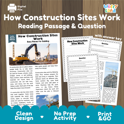 How construction sites work reading comprehension passage and questions printable activity pack with answer key for elementary students