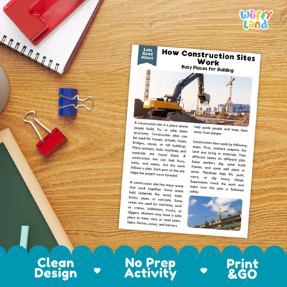 Student reading comprehension worksheet with short-answer questions and lined sections about how construction sites work